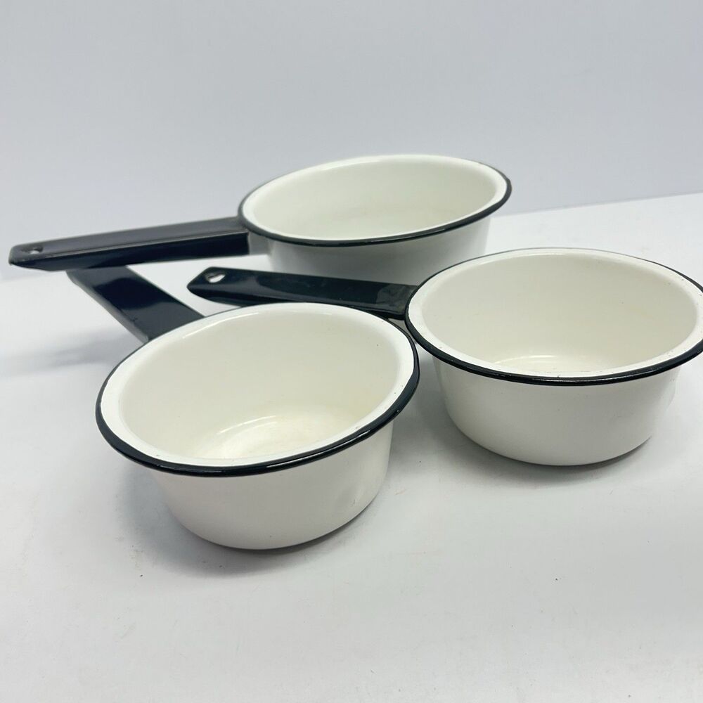 Vintage White Enamelware Saucepan Nesting Pots Black Trim Set of 3